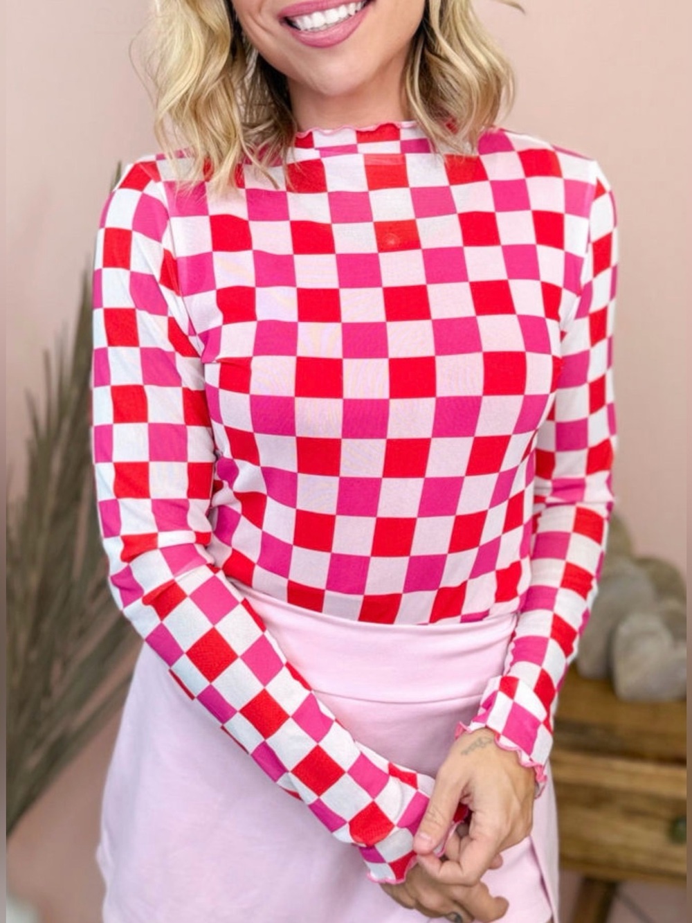 Checkerboard Long Sleeve Mesh top